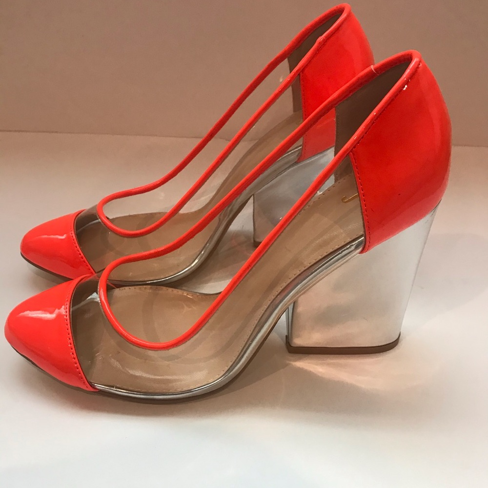 Women’s Neon Orange Block Heel Pumps